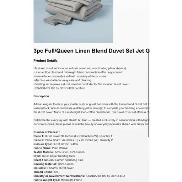 Hearth & Hand Linen Blend Jet Grey Bed Duvet Cover Set - Picture 2 of 6